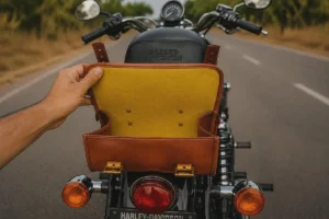 Open Brown motorcycle sissy bar bag style S1003 with compact storage compartment