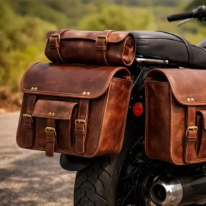 Coffee motorcycle saddlebags style S1005 mounted on a motorcycle