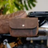 Coffee leather saddle bags motorcycle style S1006 mounted on a bike