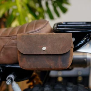 Coffee leather saddle bags motorcycle style S1006 mounted on a bike