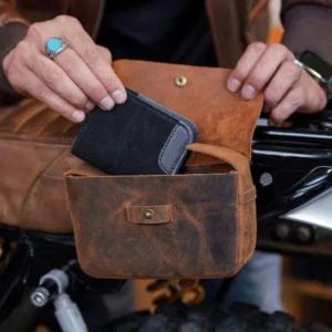 Open Coffee motorcycle saddle bag style S1006 holding a wallet