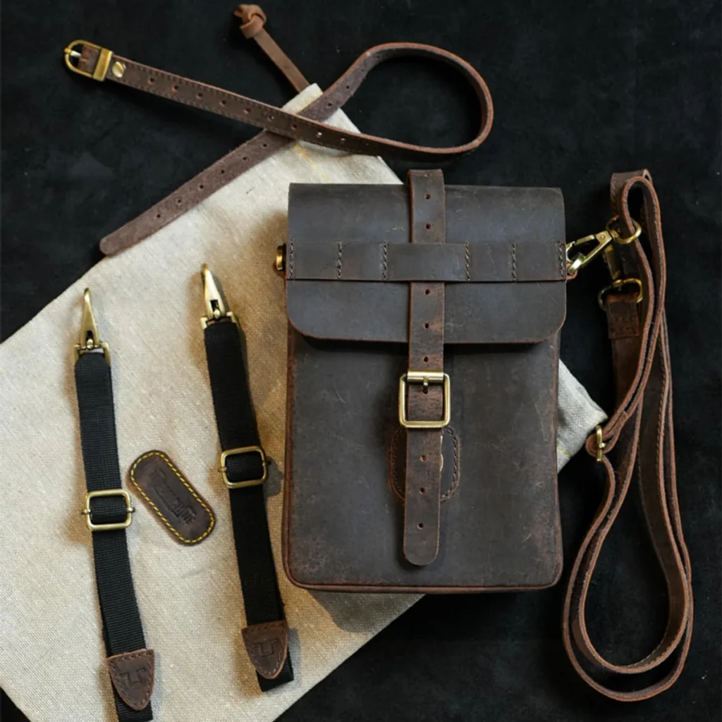 Coffee Crazy Horse leather universal saddlebag style S1007 with accessories