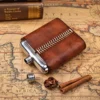Stainless steel hip flask T8089 with leather wrap and threaded cap