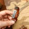 T8095 brown leather bracelet metal message plate detail
