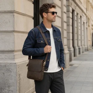 men wearing Coffee Crazy Horse leather crossbody bag style D6348