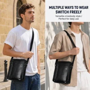 black cowhide crossbody bag G8609 worn with an adjustable strap