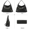black cowhide hobo bag N7710 front back side and bottom views