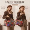 woman carrying colorful cowhide handbag N7828 by hand and shoulder