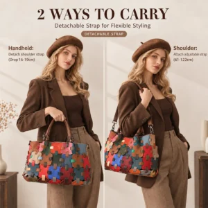 woman carrying colorful cowhide handbag N7828 by hand and shoulder