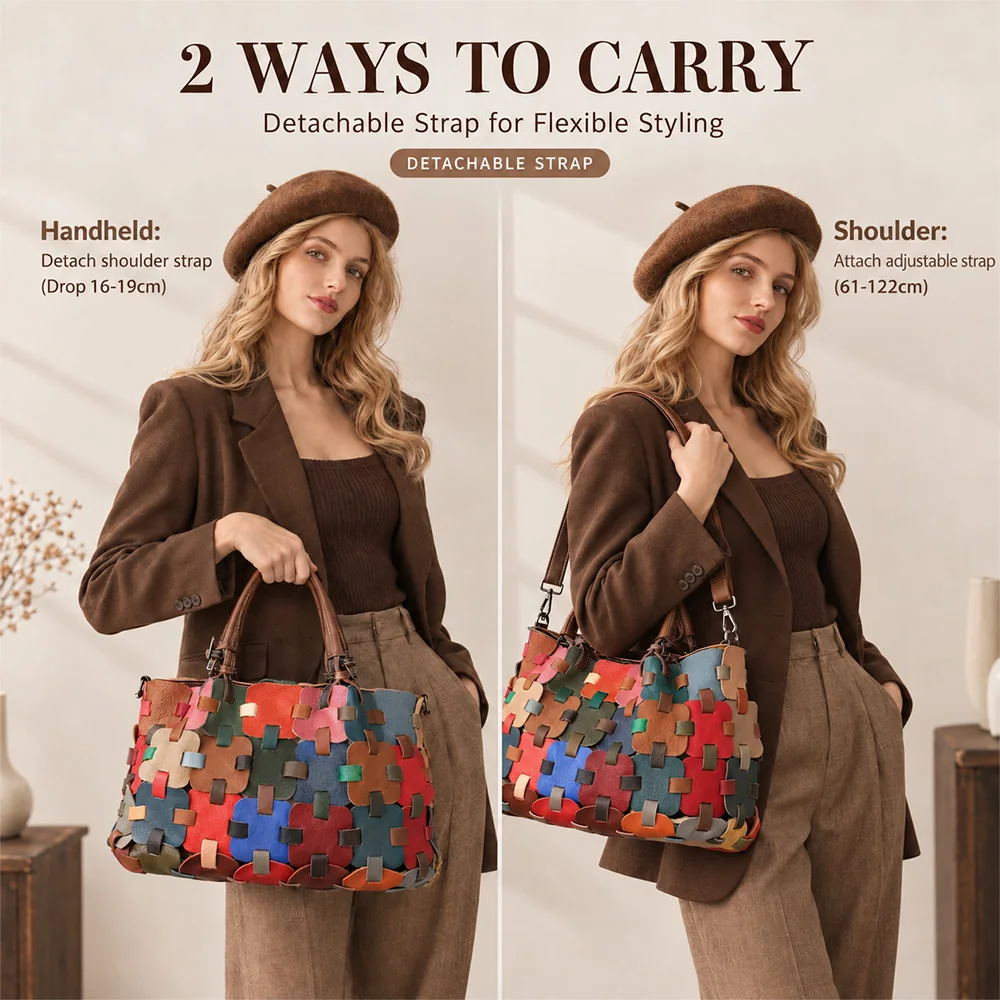 woman carrying colorful cowhide handbag N7828 by hand and shoulder