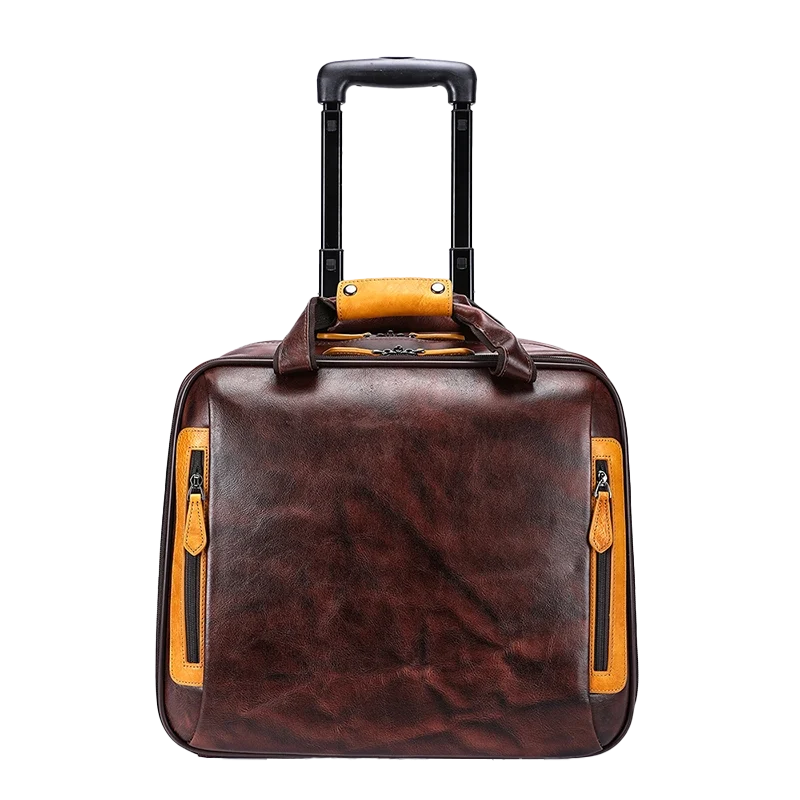 Vintage brown leather duffle bag with trolley sleeve, studio shot